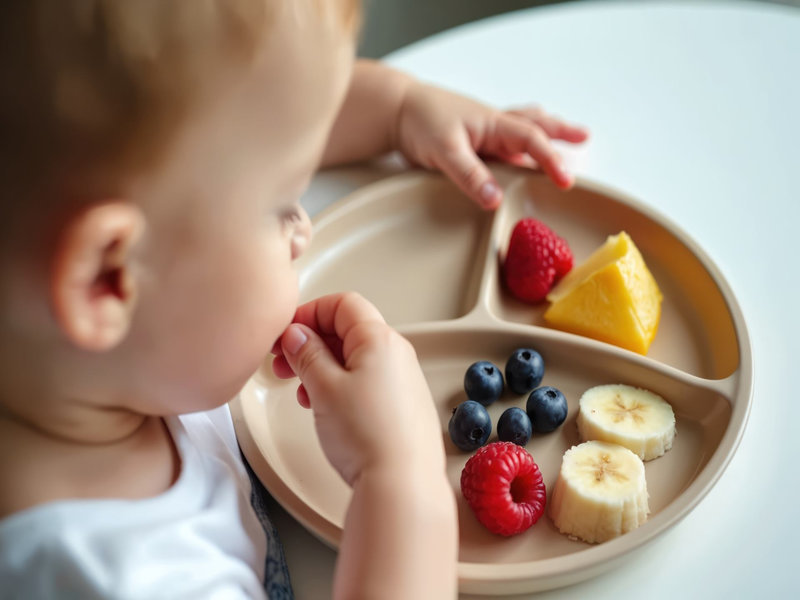 Kleinkind isst mit den Fingern Obststücke von einem geteilten Teller