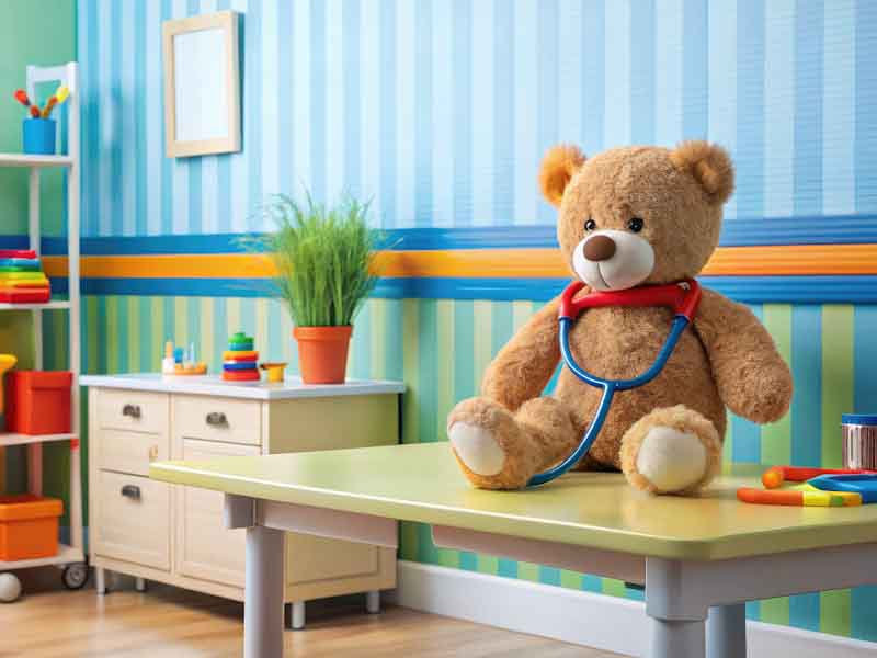 Teddybär mit Stethoskop sitzt auf einem Untersuchungstisch in einem bunten Kinderarztzimmer