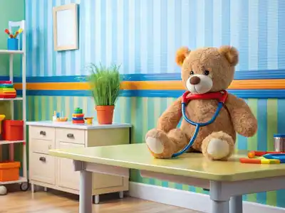 Teddybär mit Stethoskop sitzt auf einem Untersuchungstisch in einem bunten Kinderarztzimmer